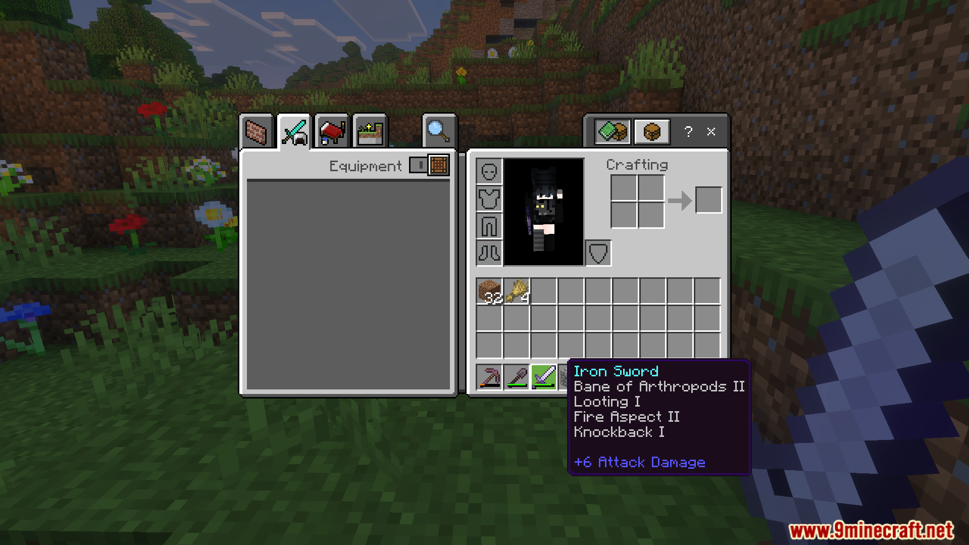 Random Enchantment Addon Screenshot 7 Inventory screen showing an iron sword with several random enchantments in Minecraft