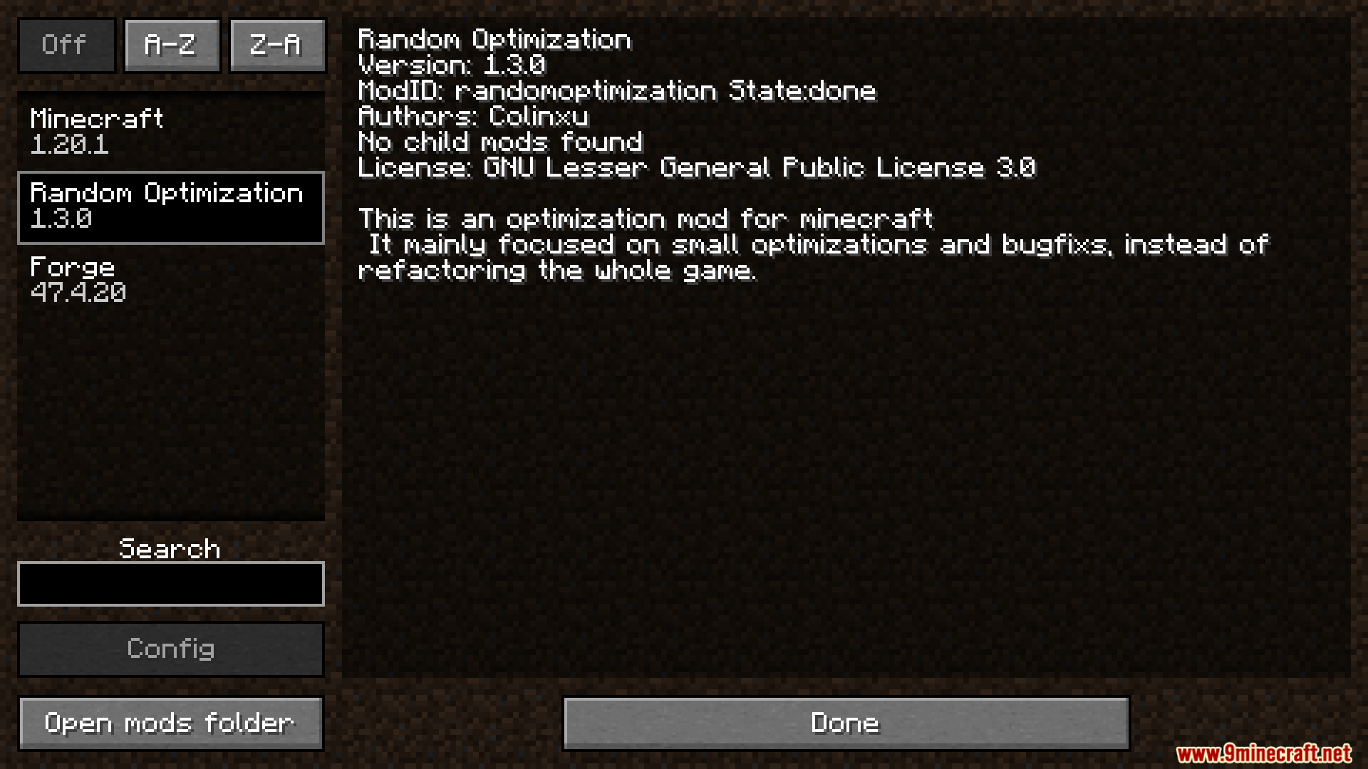 Random Optimization Mod Screenshot 1 The mod menu screen displays information for the Random Optimization mod