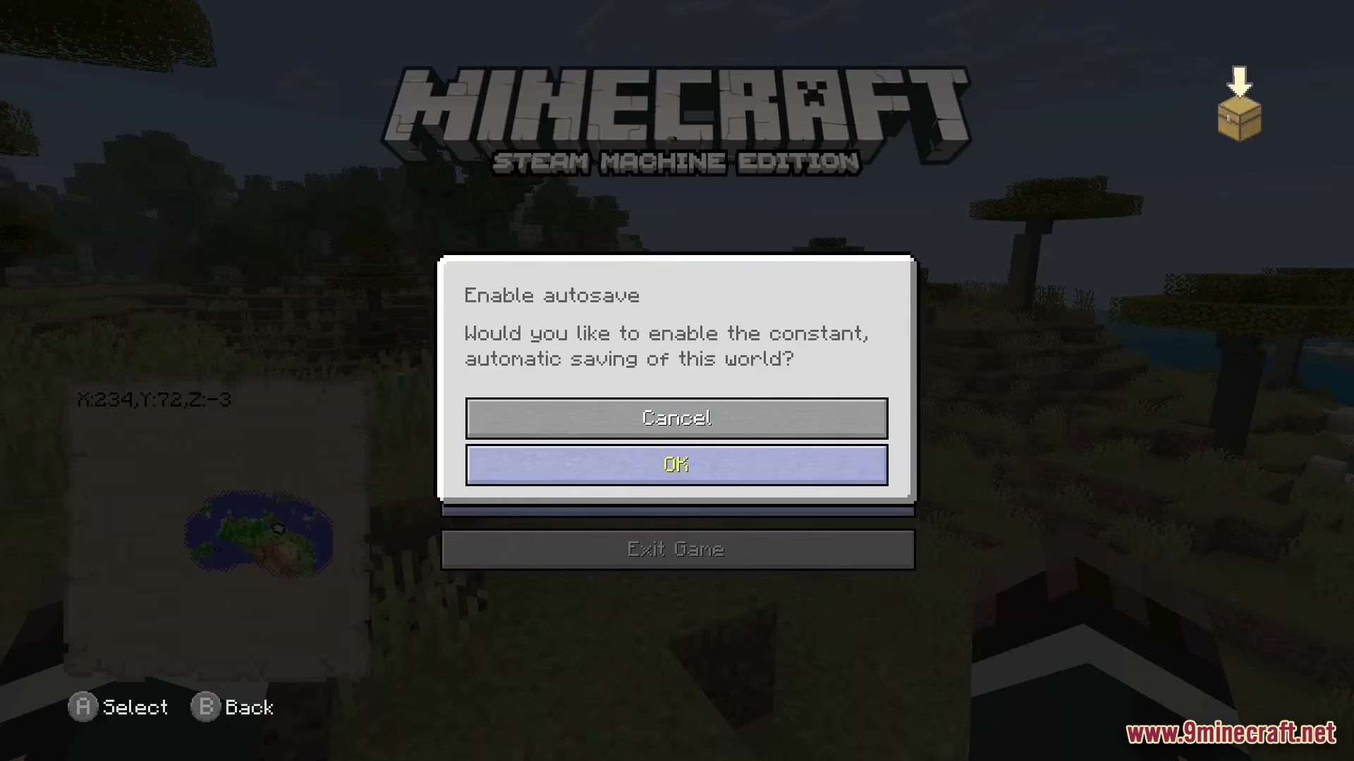 Re-Console Modpack Screenshot 7 Minecraft menu screen showing an autosave prompt with a map in the corner