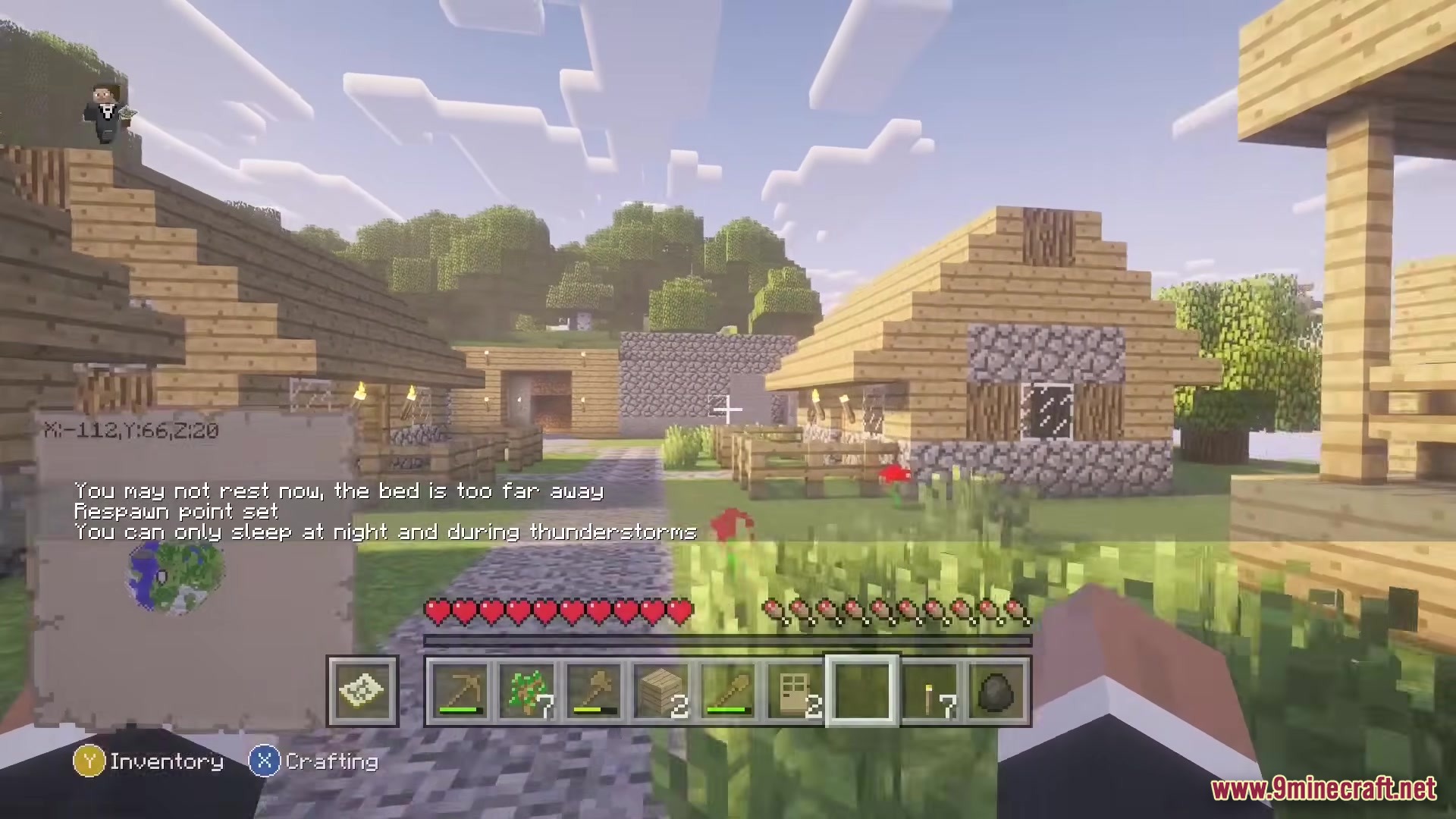 Re-Console Modpack Screenshot 9 Player explores a village while holding a map with Legacy Console UI