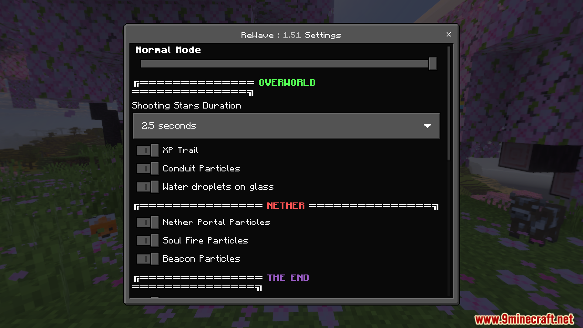 Custom settings menu for ReWave texture pack with options for different game dimensions