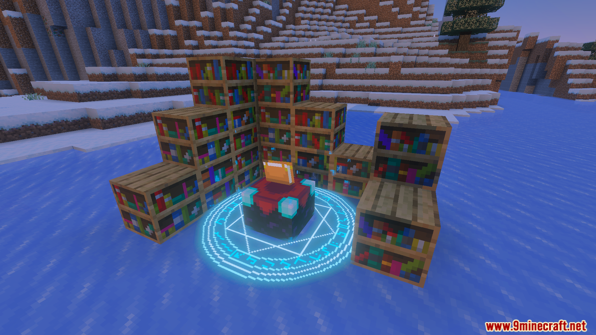 Enchantment table on ice surrounded by bookshelves with a glowing blue particle effect