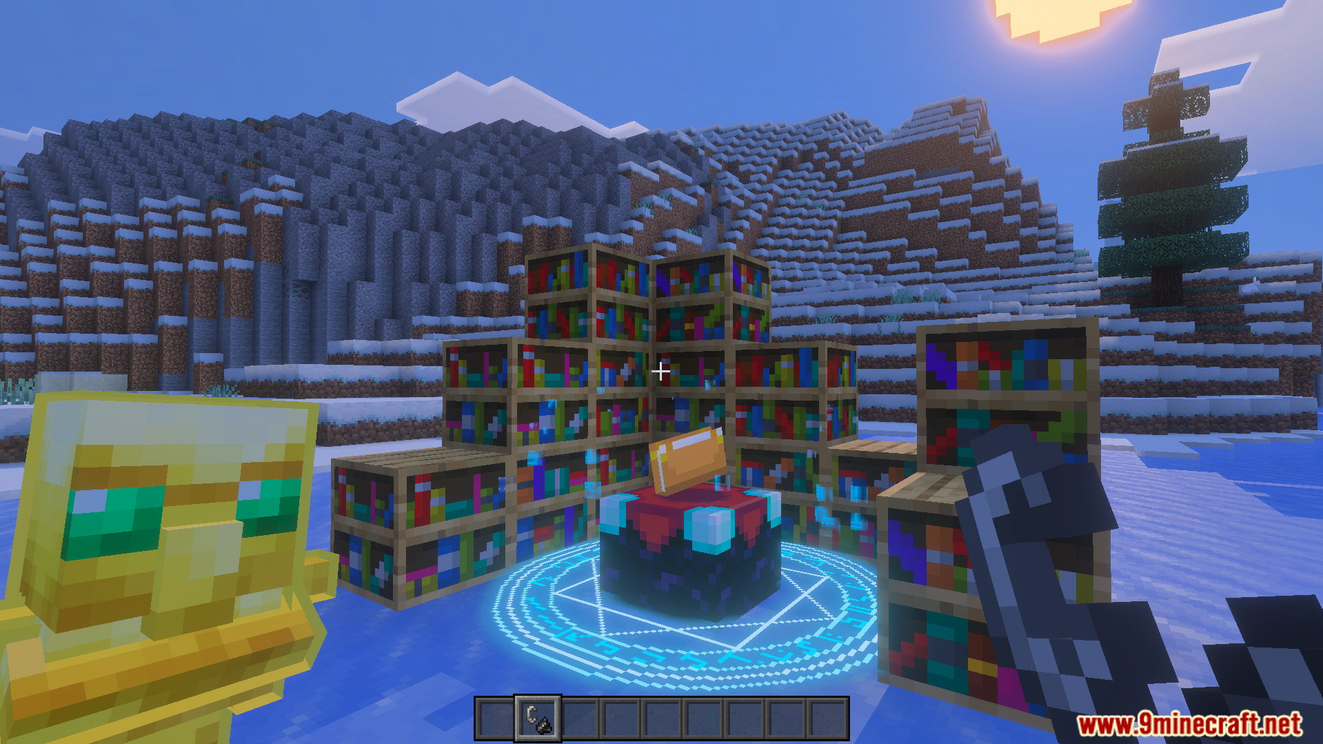 Enchantment table with blue particles and updated textures in a snowy biome