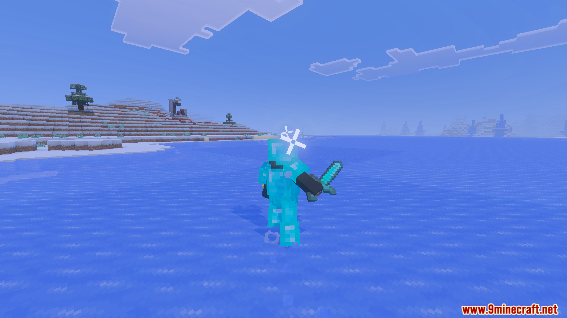 Player holding a diamond sword on ice showing custom white star particles