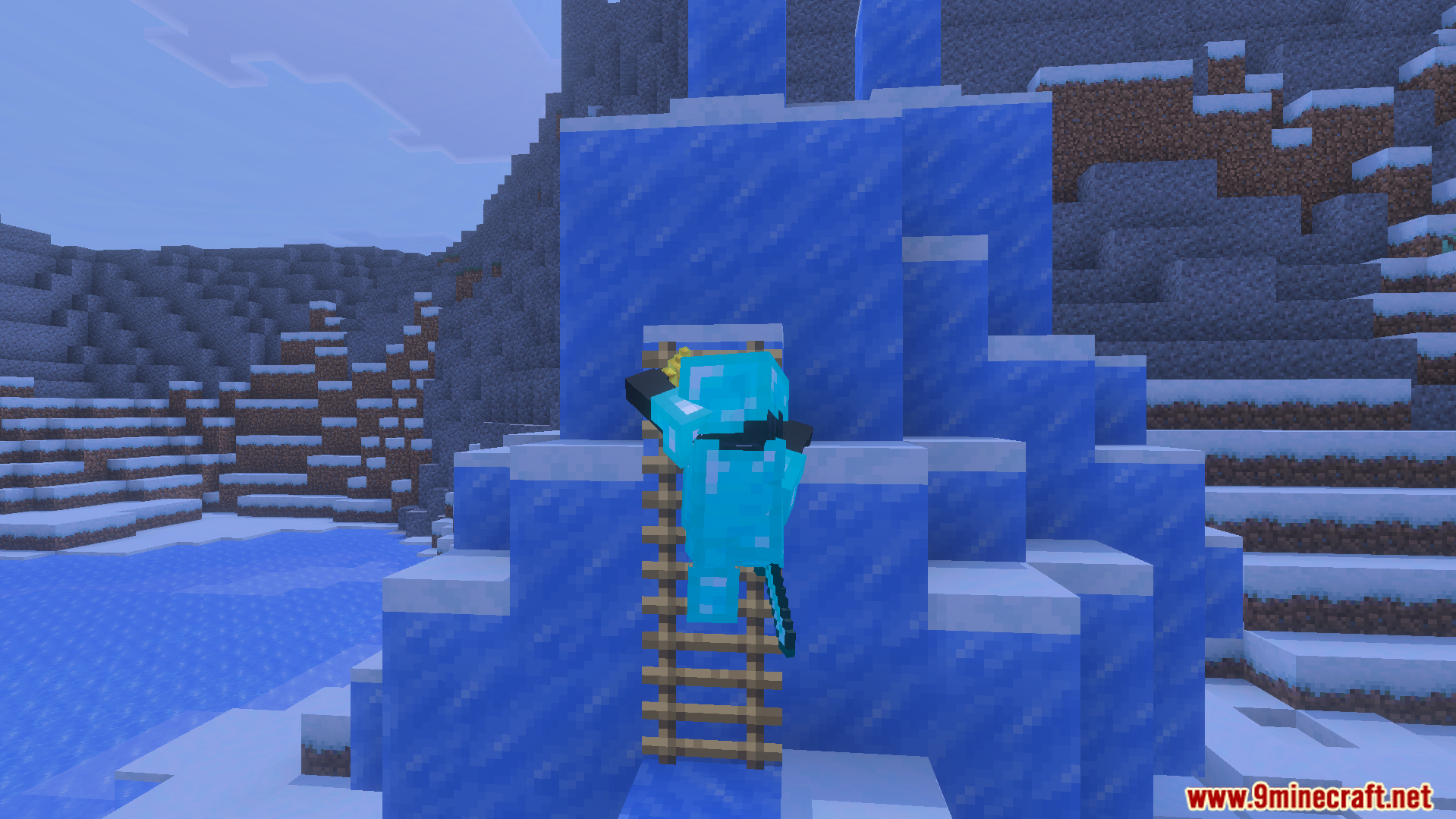 Character wearing diamond armor climbing a wooden ladder on a tall blue ice pillar