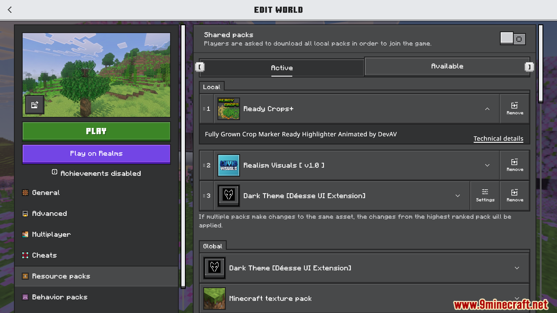 Minecraft Bedrock world settings menu showing the active Ready Crops Plus pack