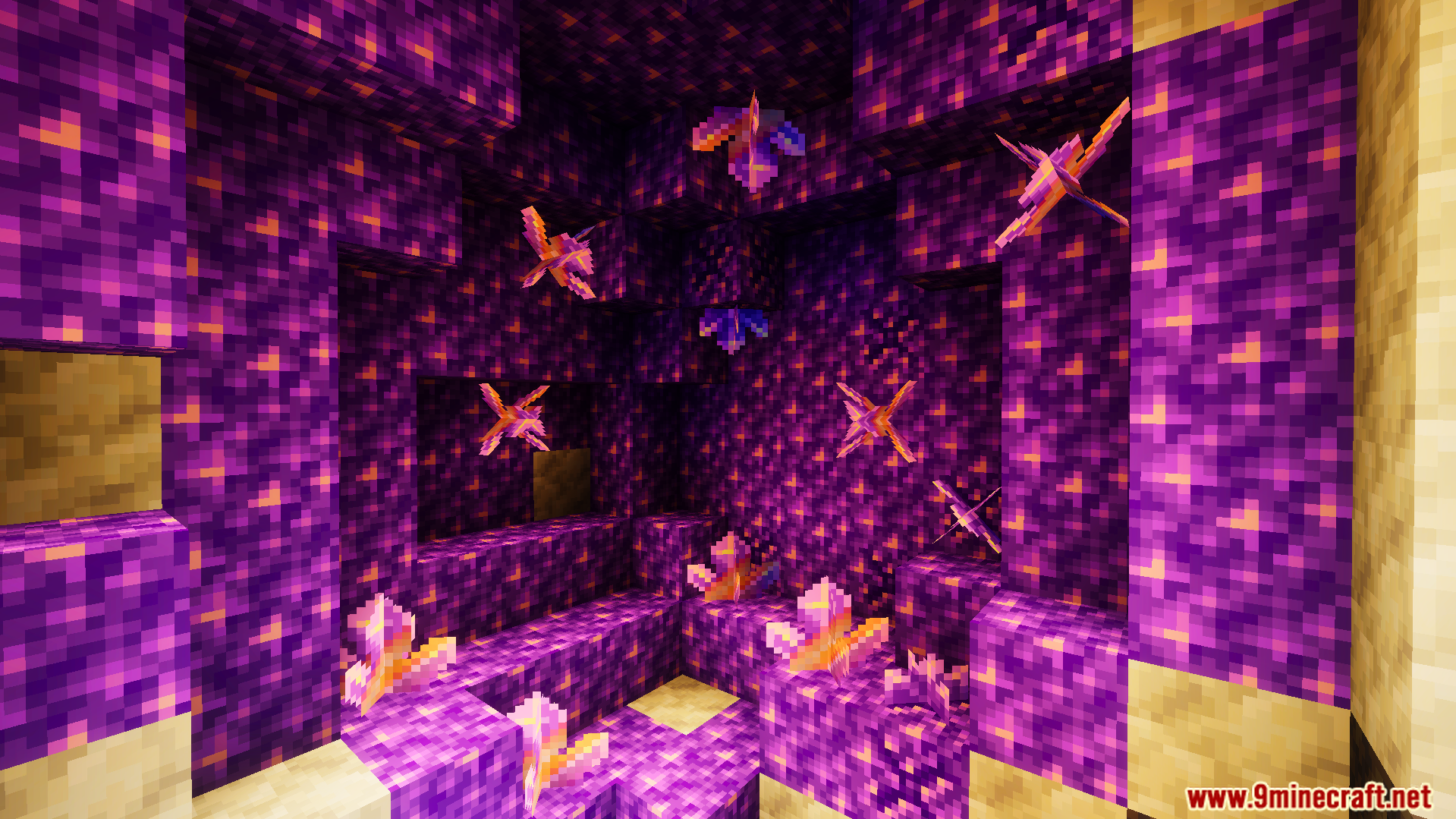 Glowing purple blocks and crystals inside a dark underground cave structure