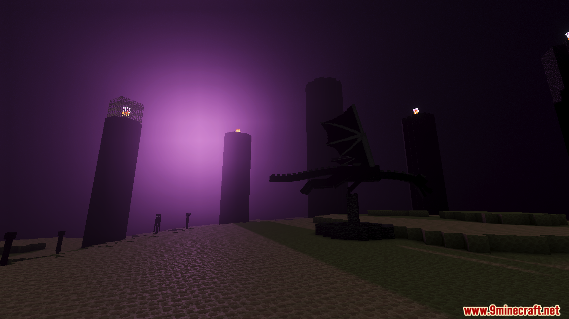 Realism Visuals Shader Screenshot 10 The ender dragon flying near obsidian towers under a purple sky