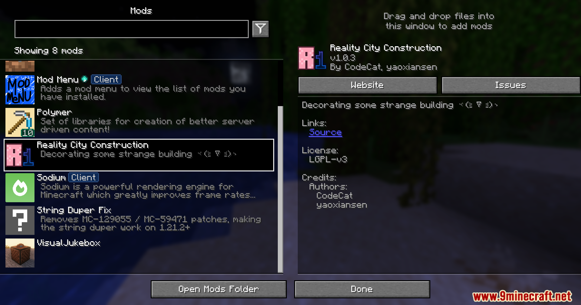 Minecraft mod menu screen showing the Reality City Construction mod details