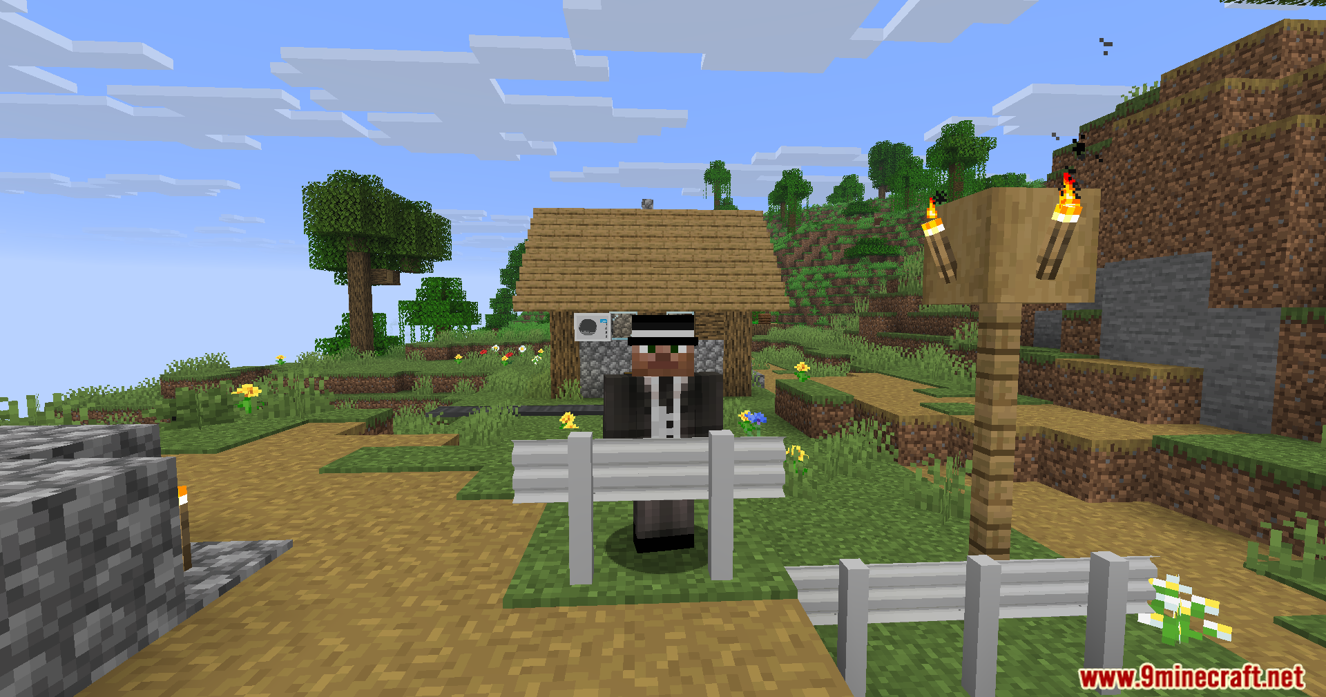 A villager in a suit and hat stands behind a metal railing