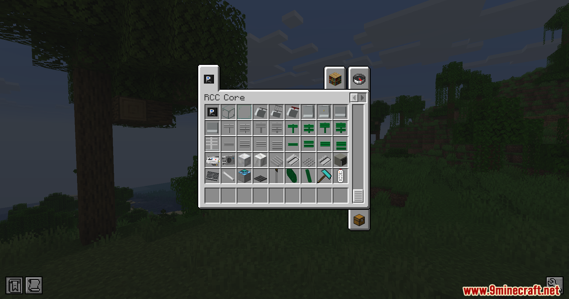 Creative inventory menu displaying modern street parts and RCC Core construction blocks