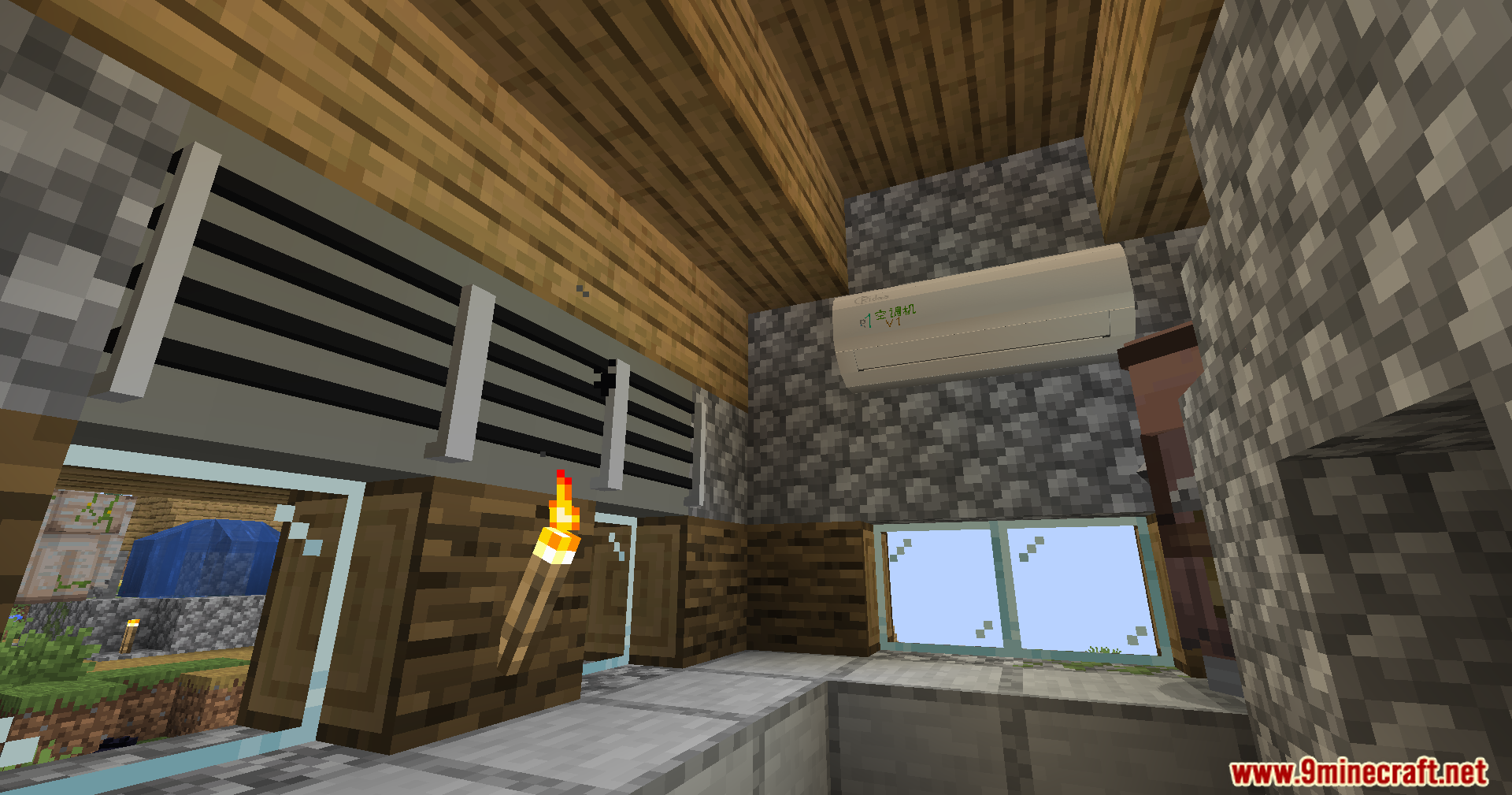 Modern interior design featuring an air conditioning unit and large wall vents