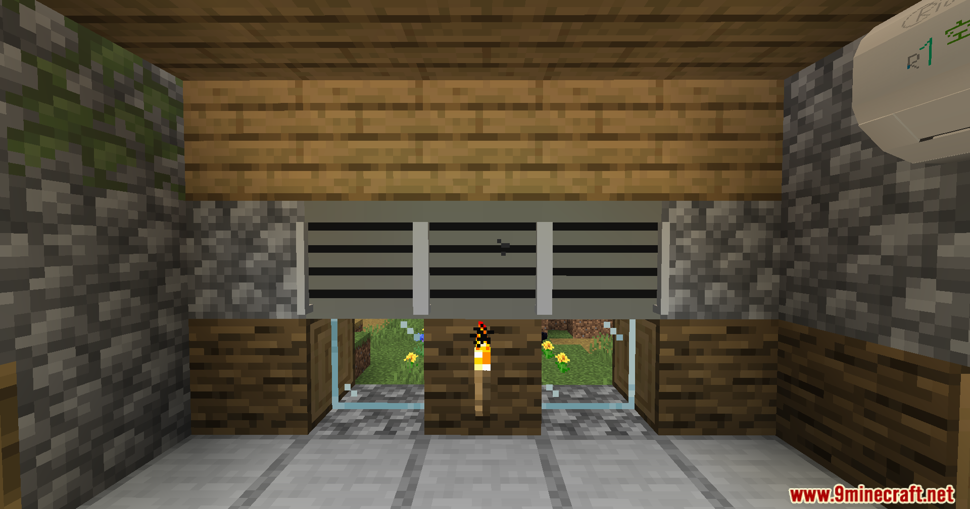 A modern air conditioning unit mounted on the wall of a Minecraft room