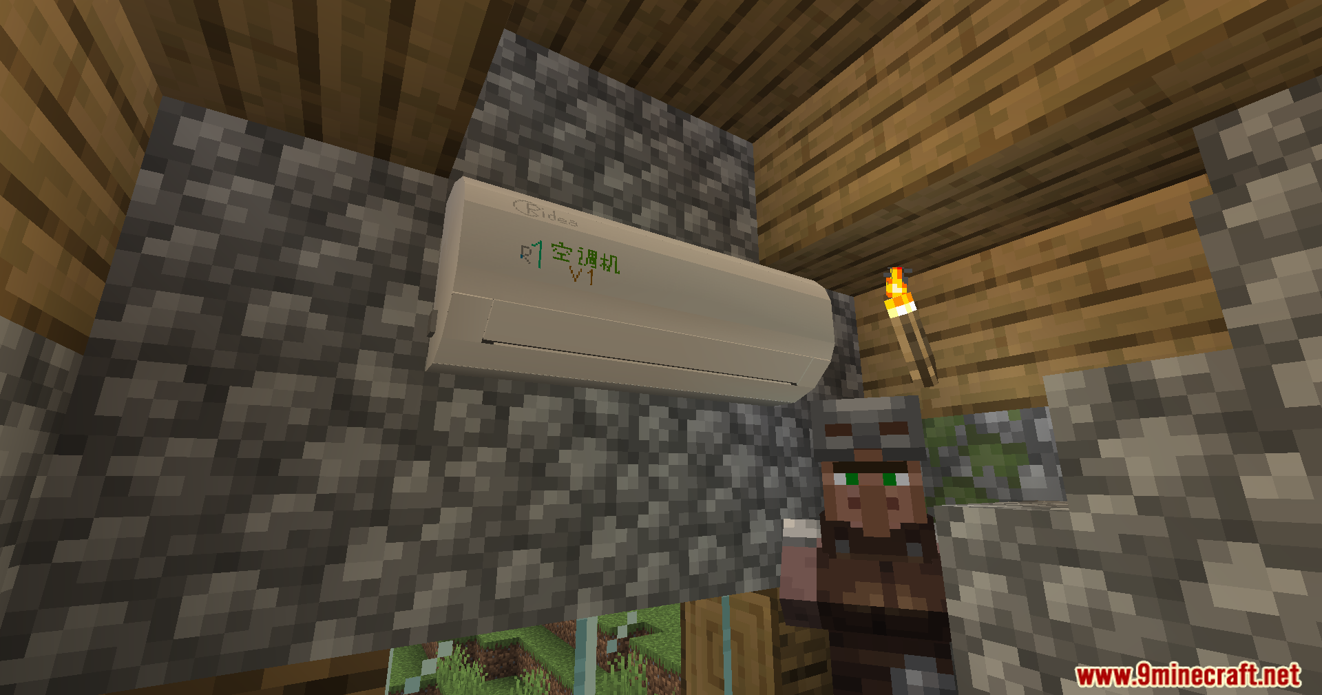 A villager standing next to a wall mounted air conditioner unit