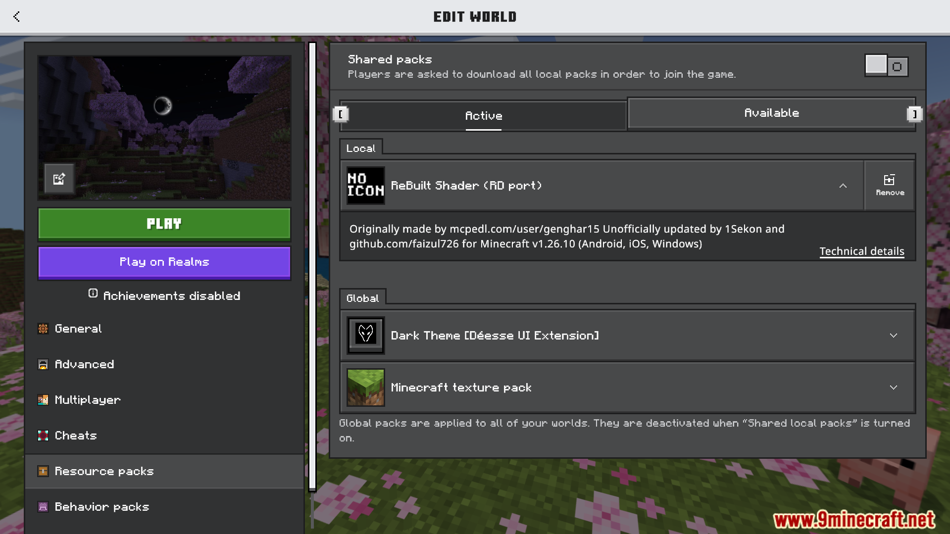Rebuilt Shader Screenshot 1 Minecraft settings menu showing the active Rebuilt Shader resource pack for a world