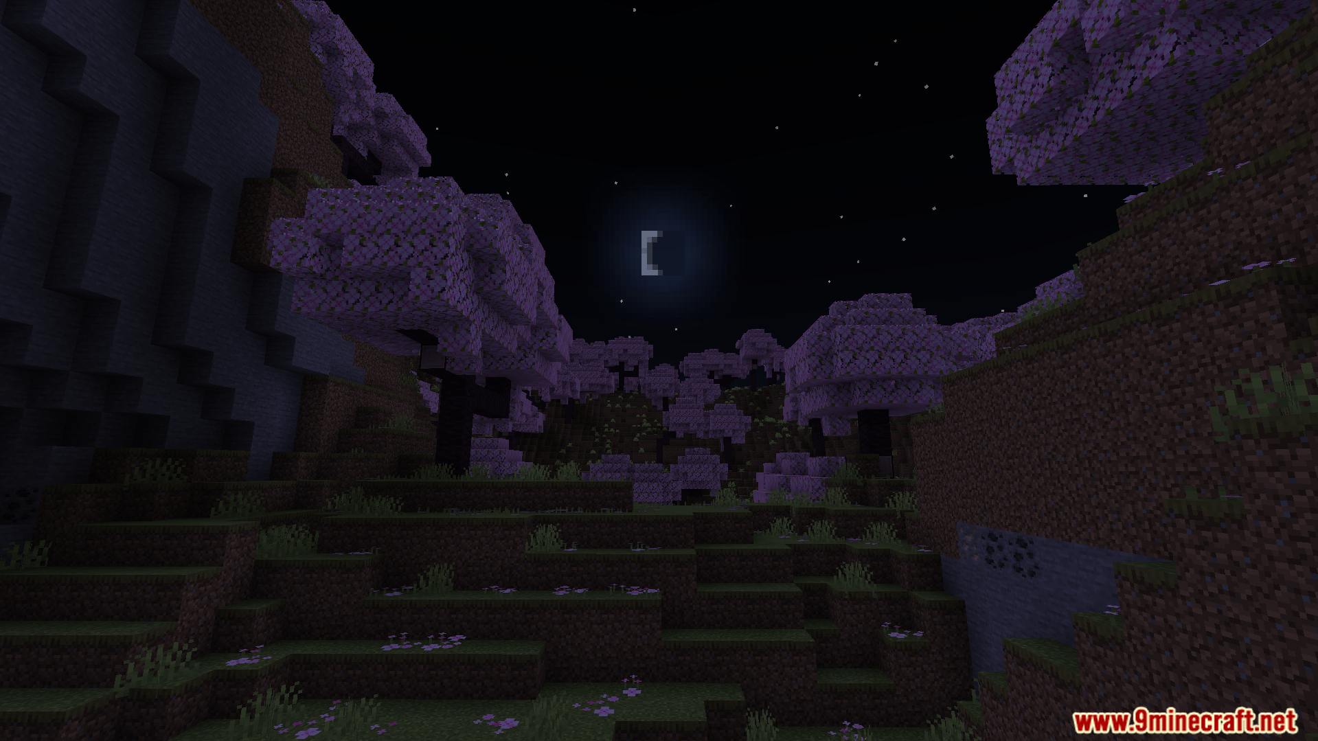 Rebuilt Shader Screenshot 2 A peaceful night scene in a cherry blossom biome with custom shaders