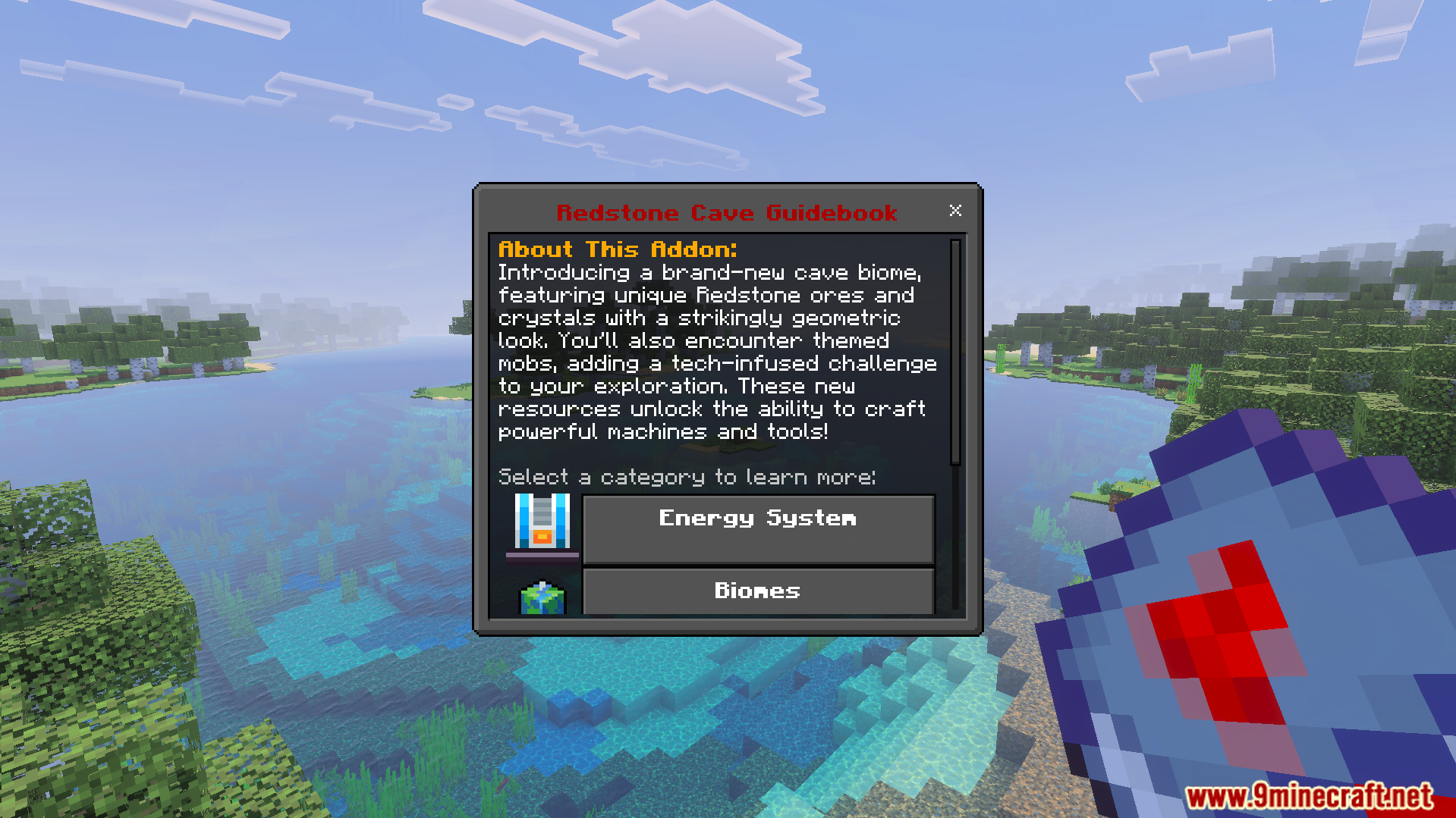 A player views the Redstone Cave Guidebook menu while holding a custom item