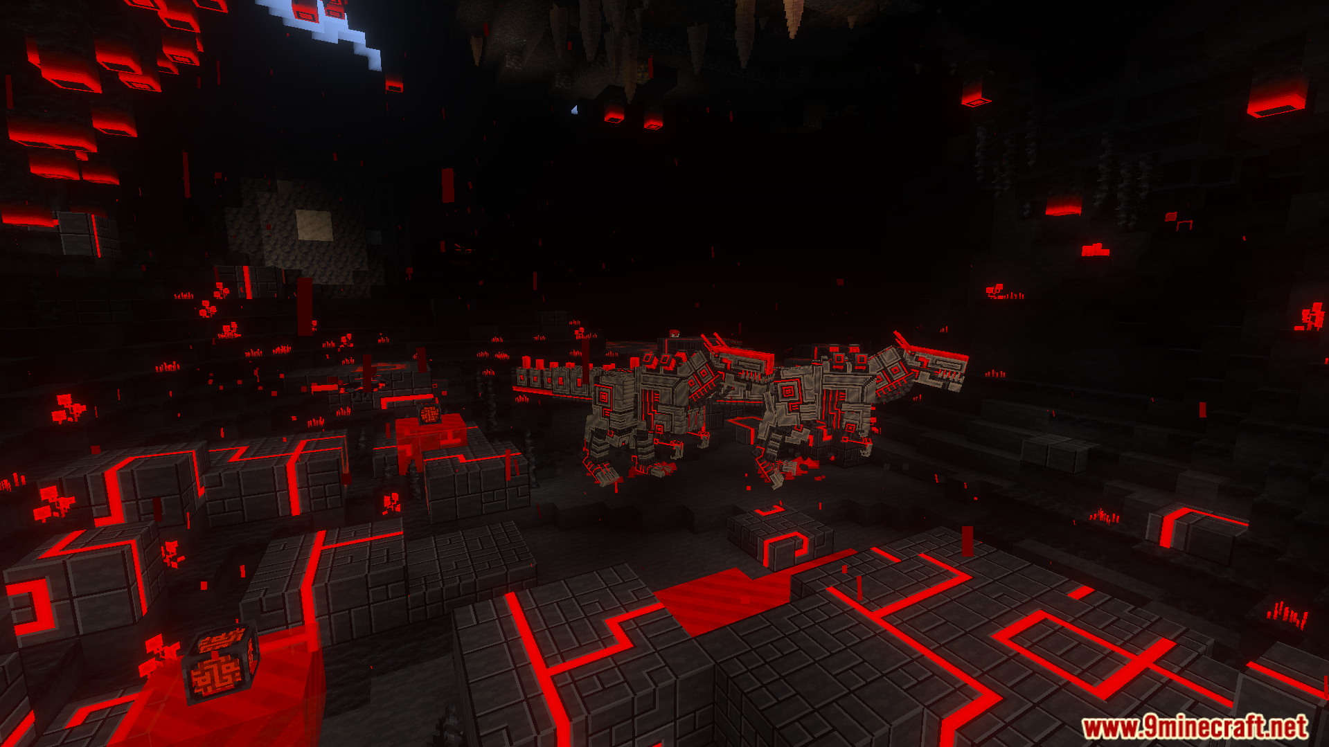 Two mechanical pets standing in a dark cave with glowing redstone energy lines