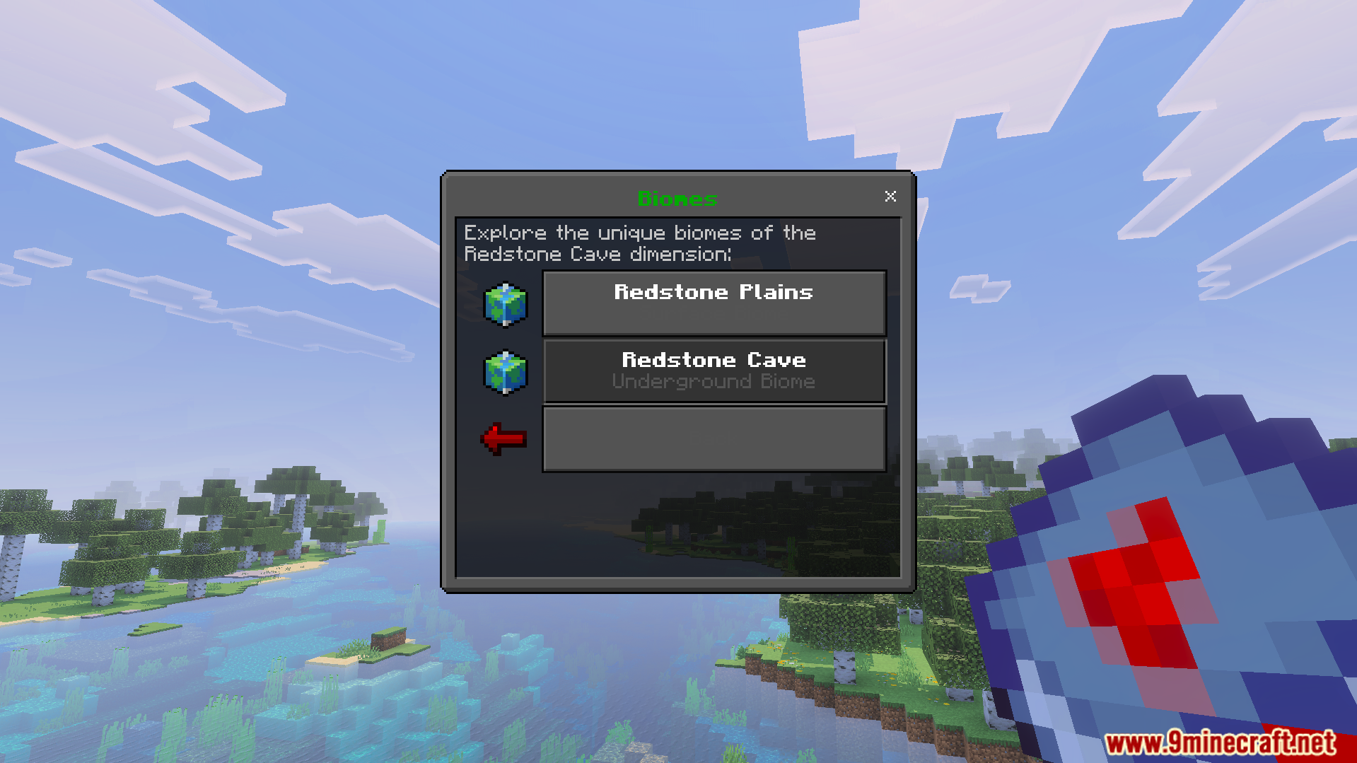 The guidebook menu lists the unique biomes available in the new dimension