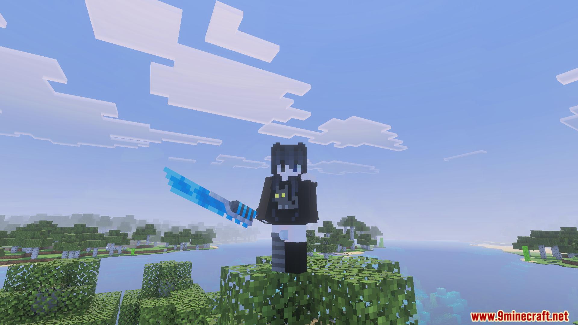 A player holding a glowing blue futuristic sword from Redstone Caves Addon