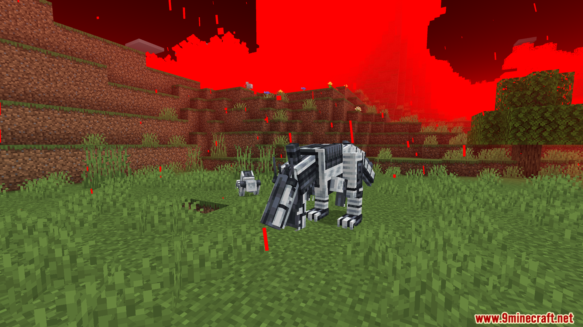 A robotic animal mob stands on the grass under a red sky