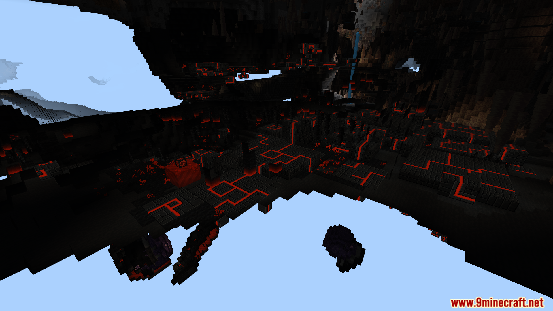 Vast underground cave from the Redstone Caves Addon with glowing patterns