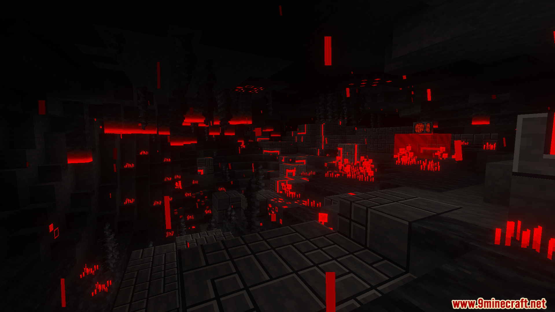 Glowing redstone crystals and particles illuminate a dark underground biome