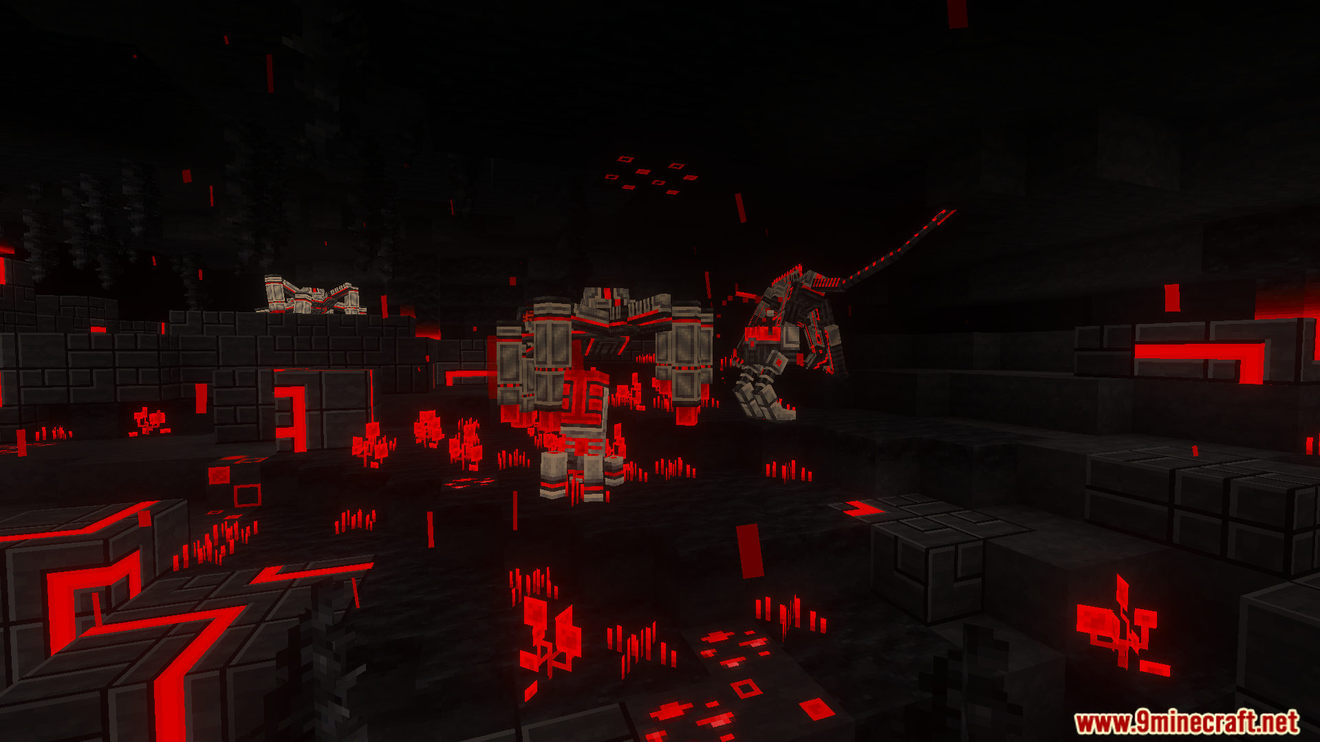 Robotic animal mobs in the glowing underground world of Redstone Caves Addon