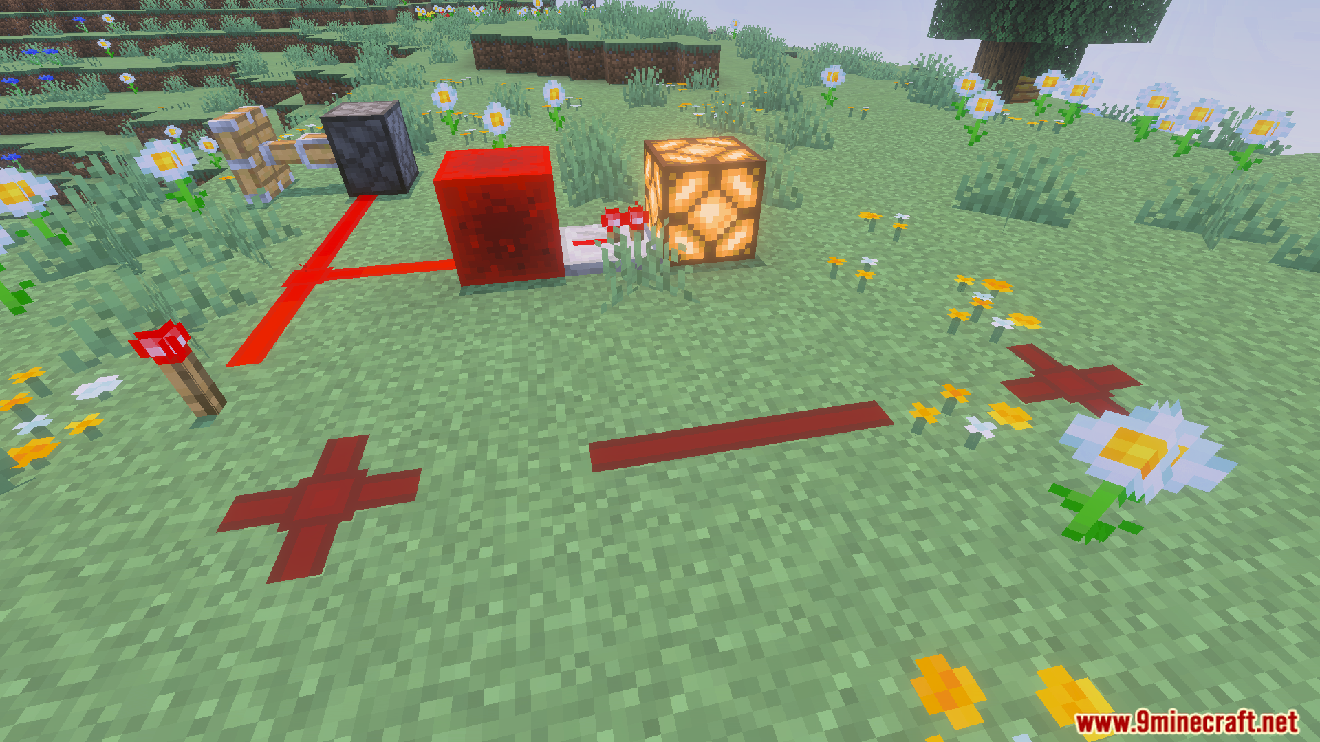 RedstoneTech Shader showing redstone components and visual symbols on the grassy ground
