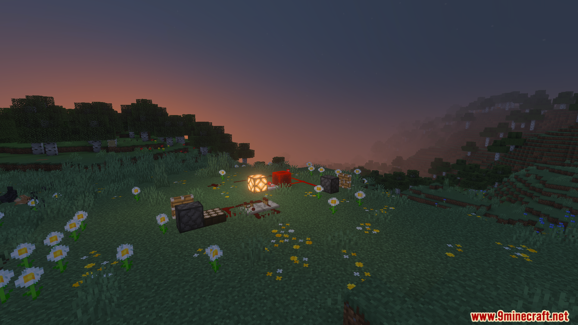 Global night vision and glowing redstone components shown during sunset in grassy field