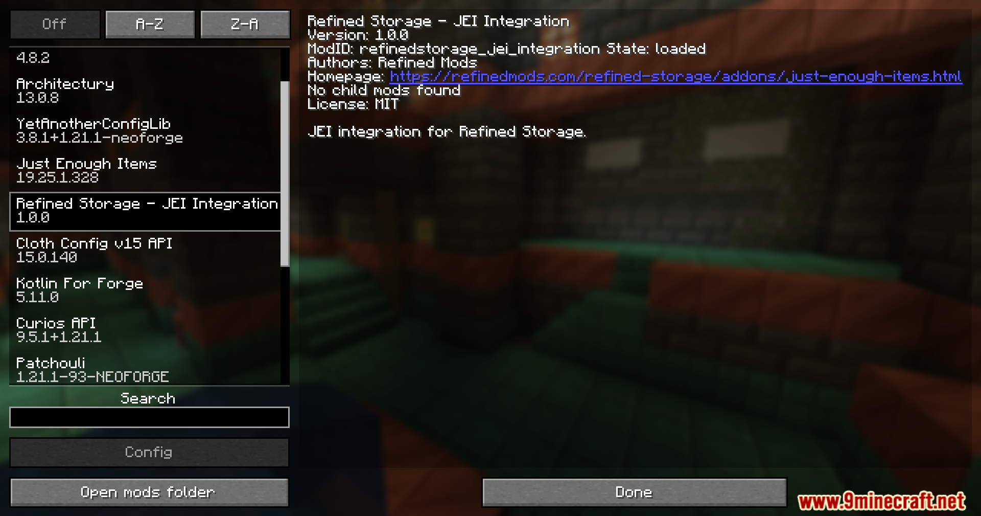 Refined Storage JEI Integration Mod Screenshot 1 Minecraft mod menu displaying Refined Storage JEI Integration mod details