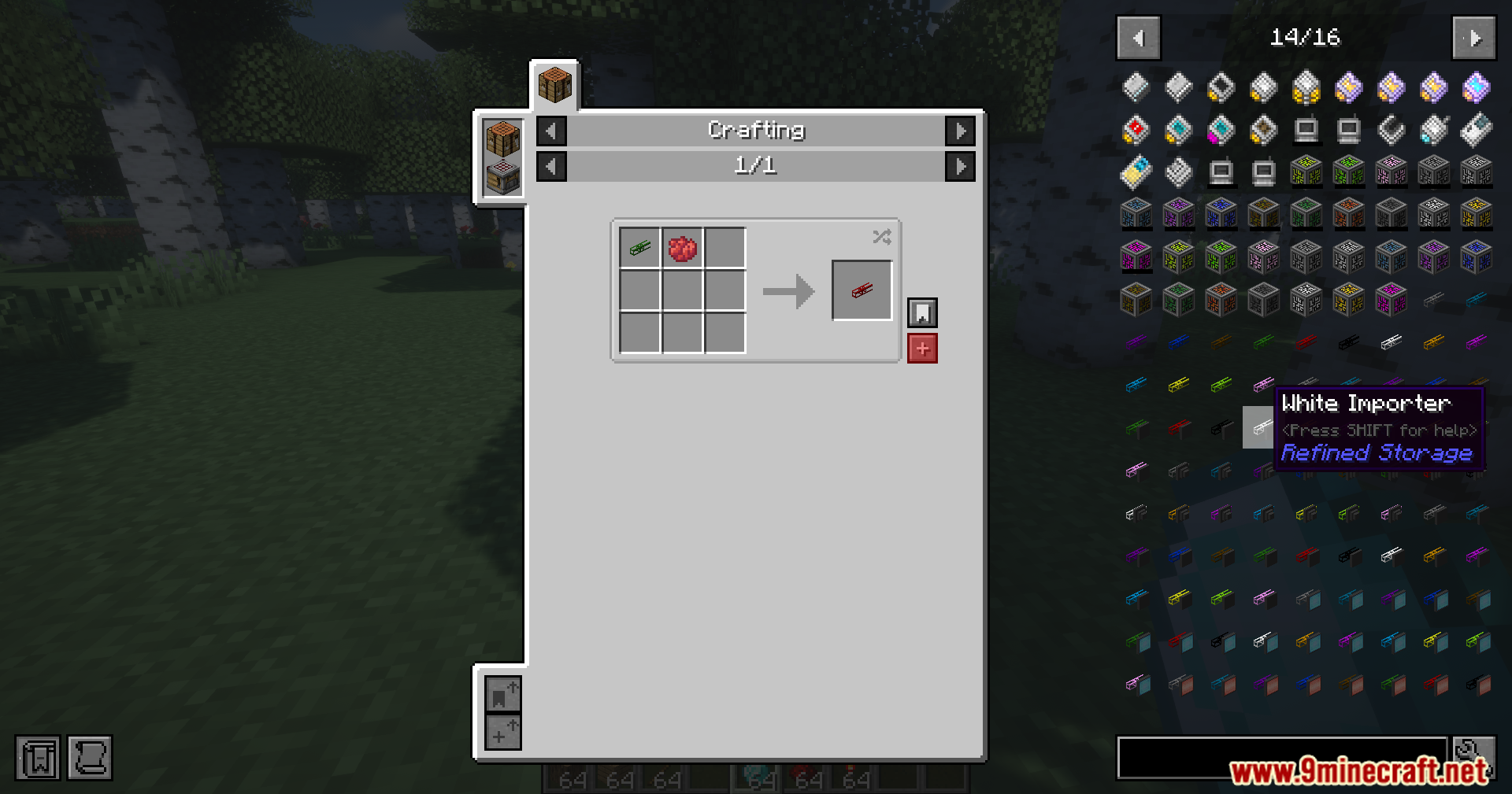 Refined Storage JEI Integration Mod Screenshot 6 Crafting recipe for a red importer using dye in the Minecraft crafting grid