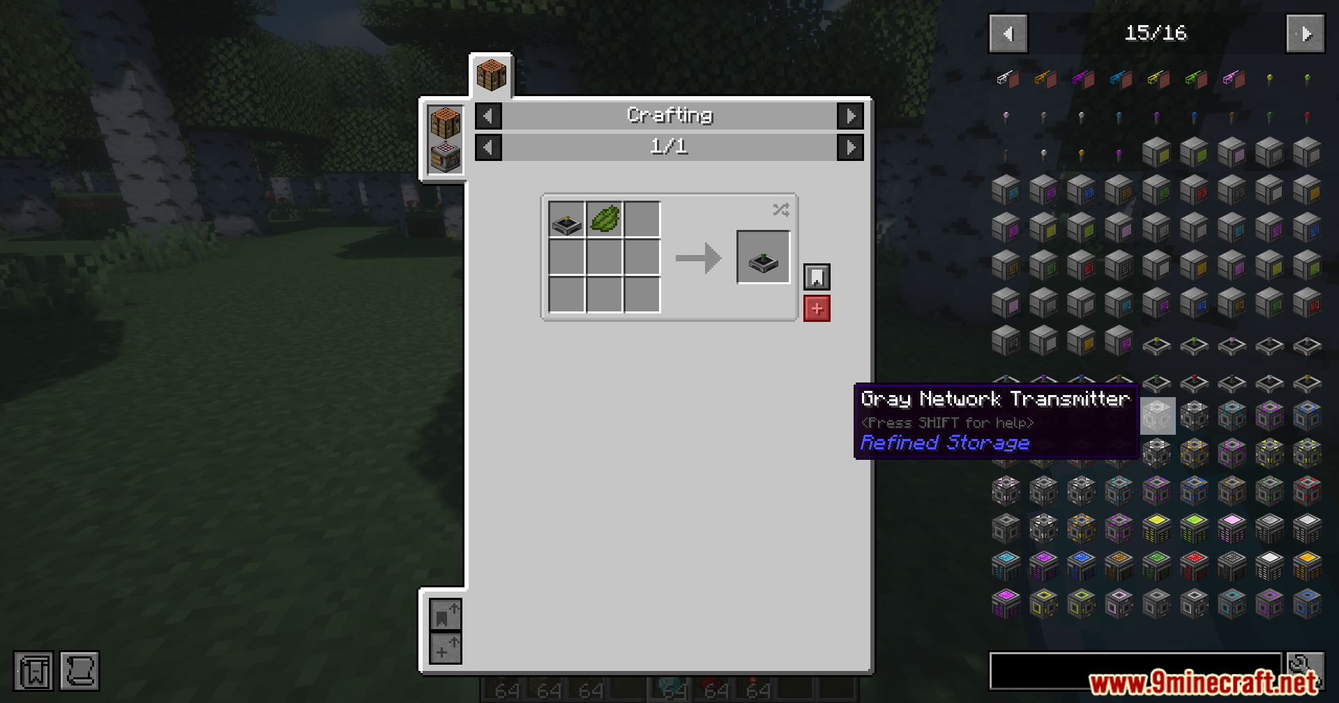 Refined Storage JEI Integration Mod Screenshot 8 Crafting recipe for a Gray Network Transmitter using gray dye in Minecraft