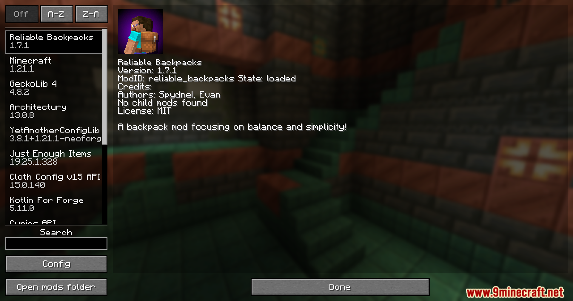 Reliable Backpacks Mod Screenshot 1 The mod menu screen shows details for an installed backpack mod