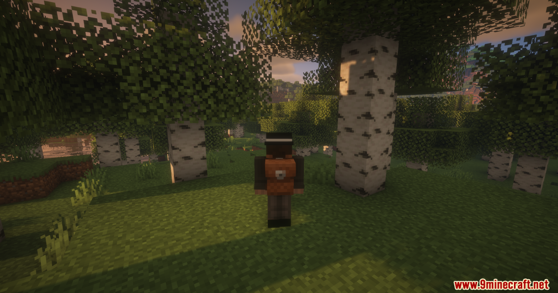 Reliable Backpacks Mod Screenshot 2 A player character explores a birch forest while wearing a brown backpack