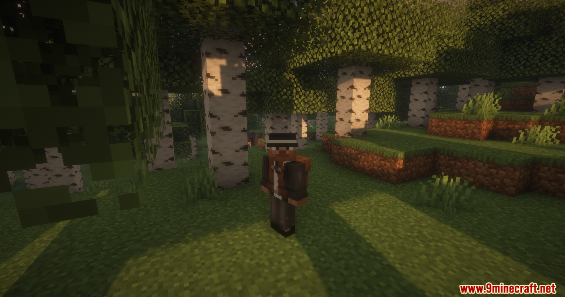 Reliable Backpacks Mod Screenshot 3 A player character wearing a brown leather backpack in a birch forest