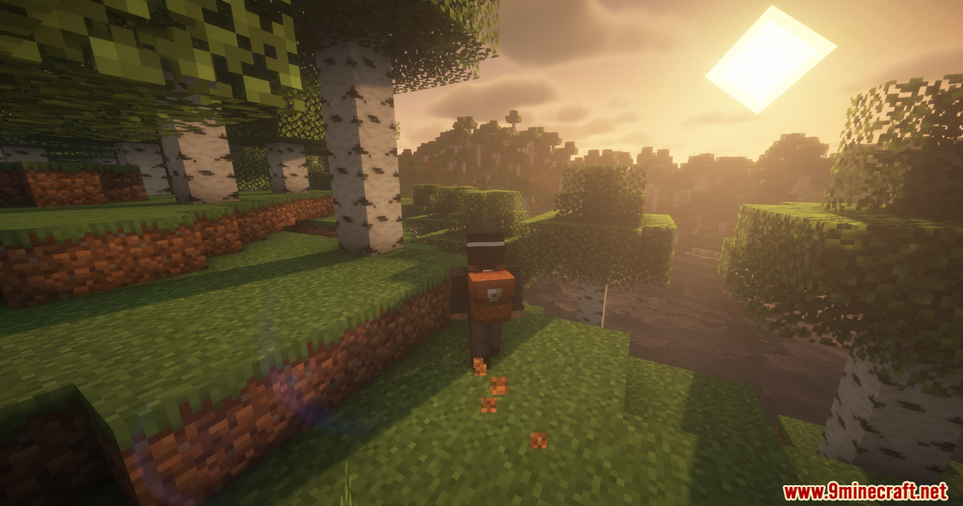Reliable Backpacks Mod Screenshot 4 Player wearing a brown backpack walks through a birch forest at sunset