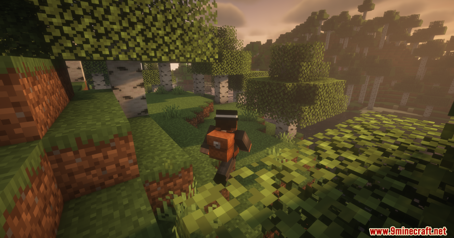Reliable Backpacks Mod Screenshot 5 A player wearing a brown backpack walks through a scenic birch forest