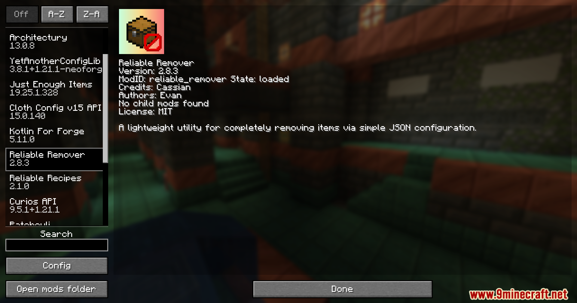 Reliable Remover Mod Screenshot 1 The mod menu interface displaying information about the Reliable Remover utility tool