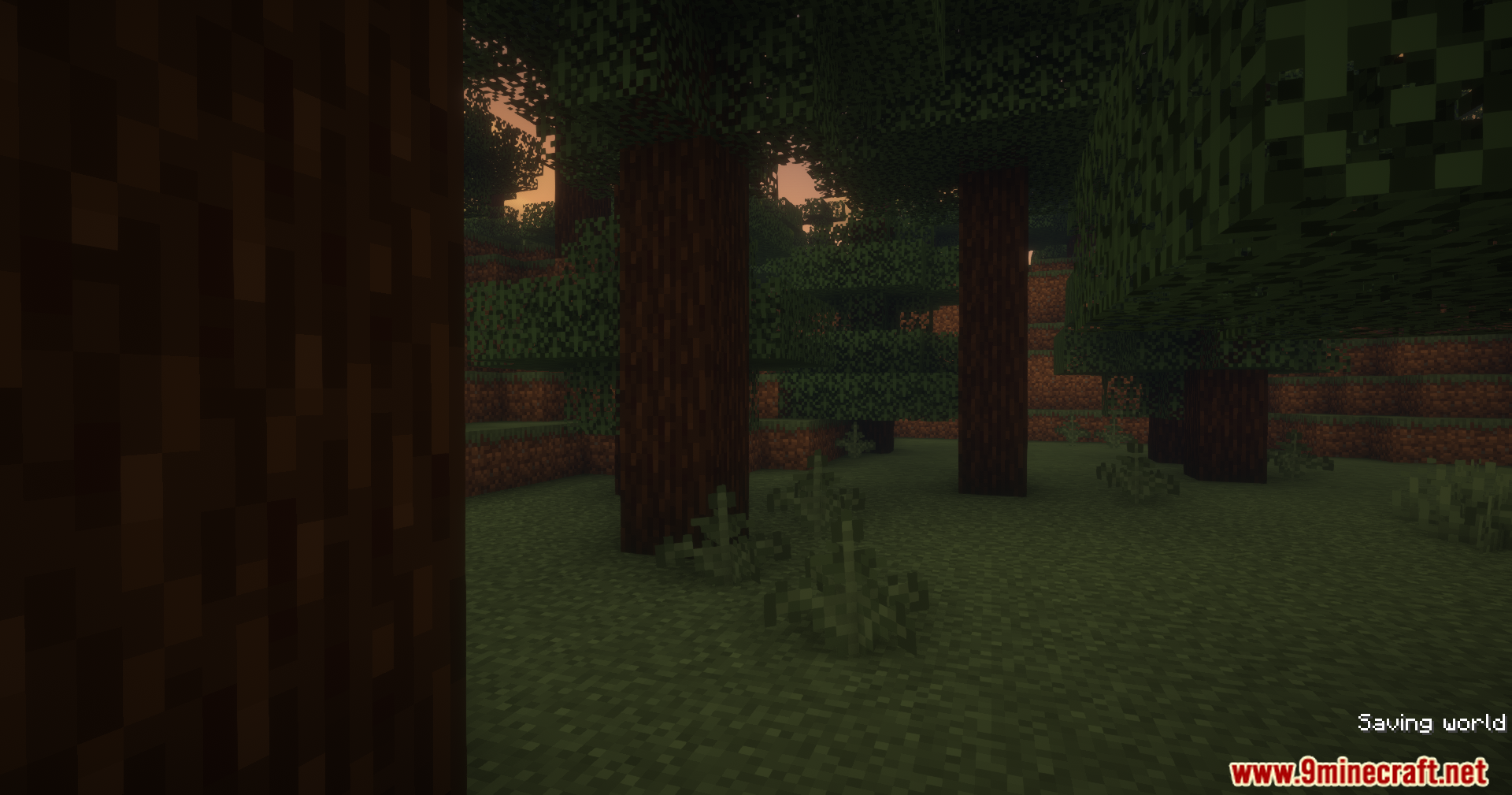 Reliable Remover Mod Screenshot 2 A scenic view of a Minecraft forest with dark oak trees at dusk