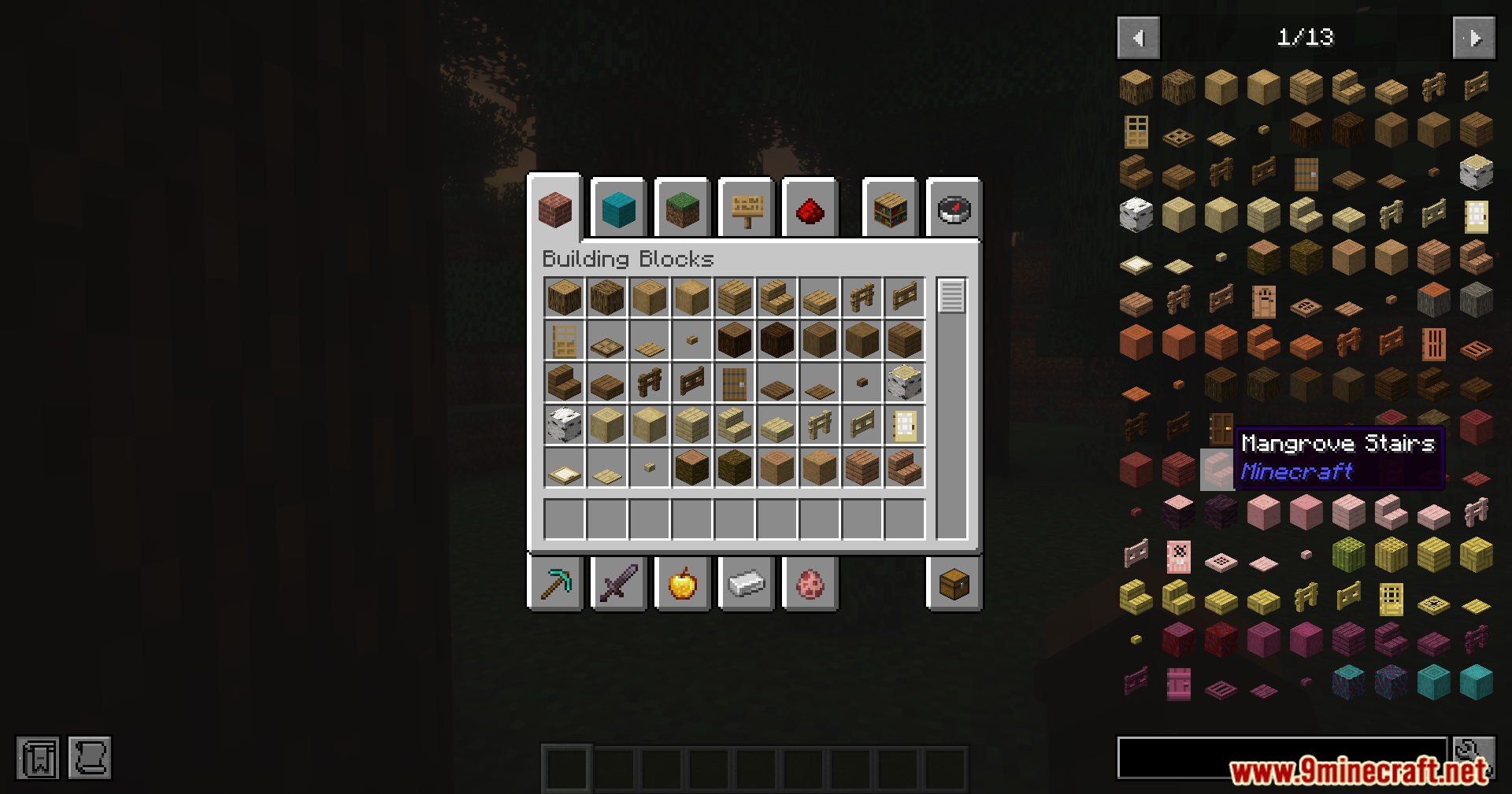 Reliable Remover Mod Screenshot 4 Tooltip for mangrove stairs displayed over an item list in the creative menu