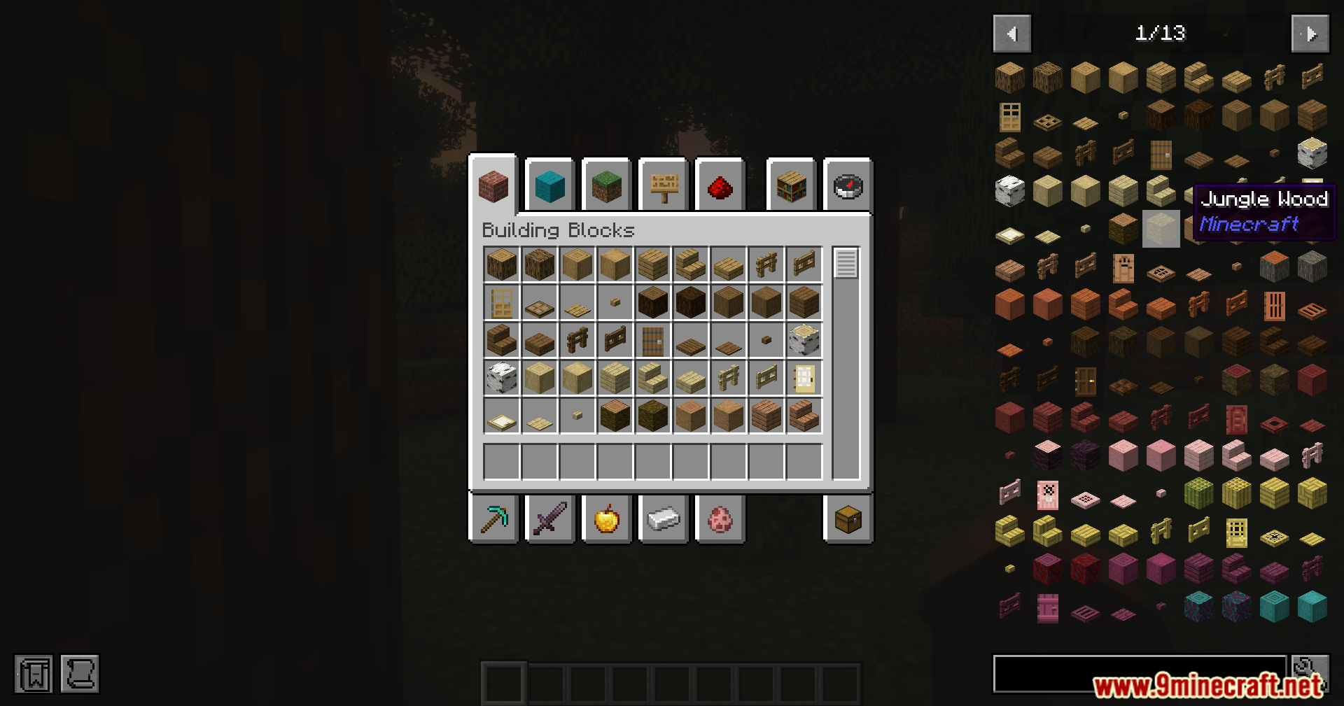 Reliable Remover Mod Screenshot 5 A player views the Jungle Wood block within the creative inventory item list
