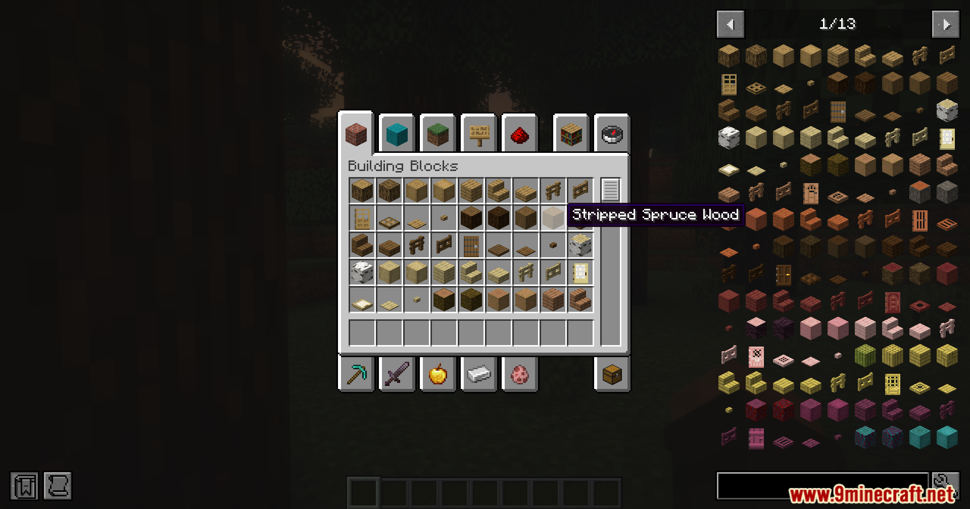 Reliable Remover Mod Screenshot 6 The creative menu displays a tooltip for the Stripped Spruce Wood block item