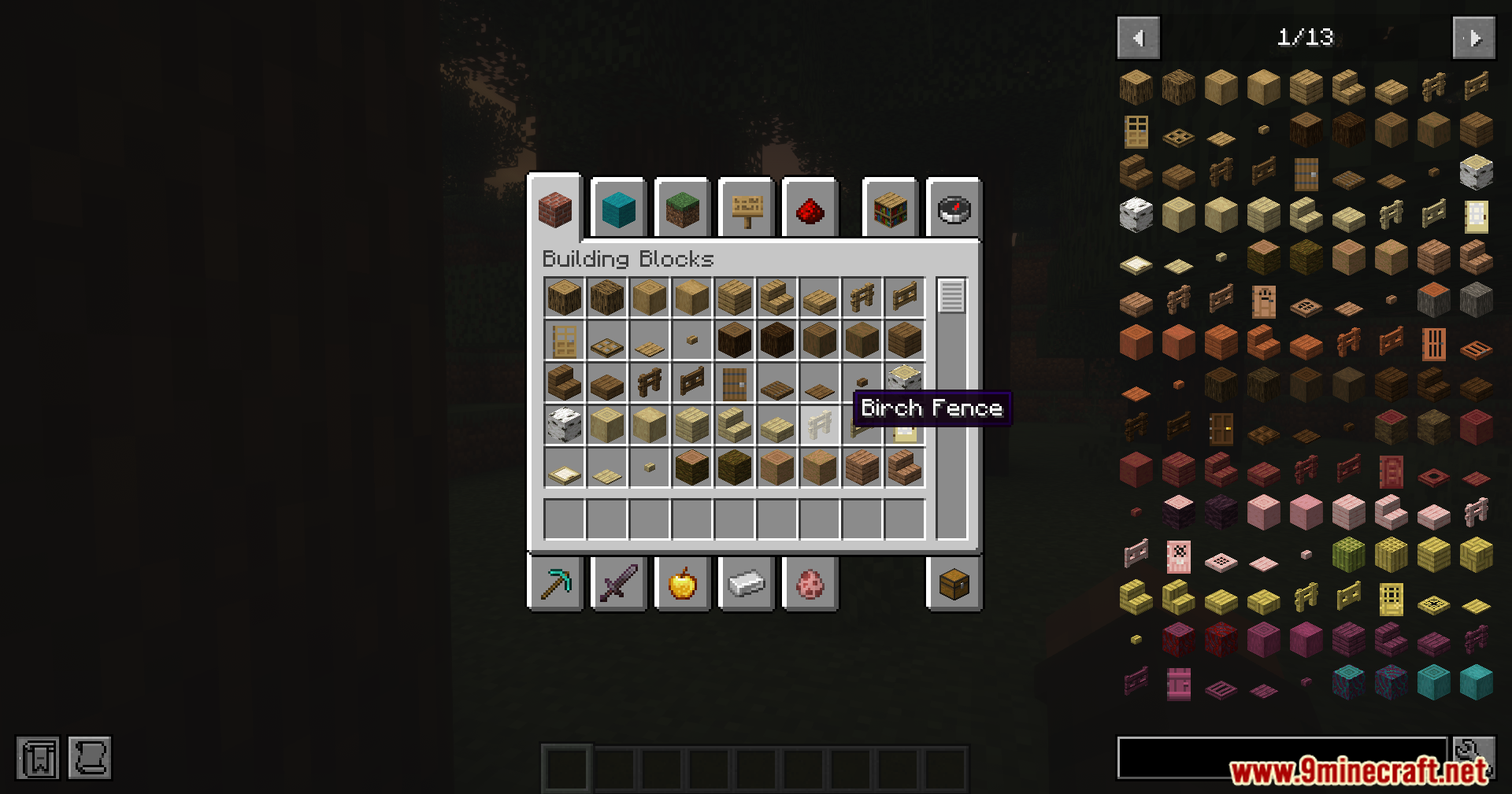Reliable Remover Mod Screenshot 7 Creative inventory menu showing building blocks and a tooltip for birch fence