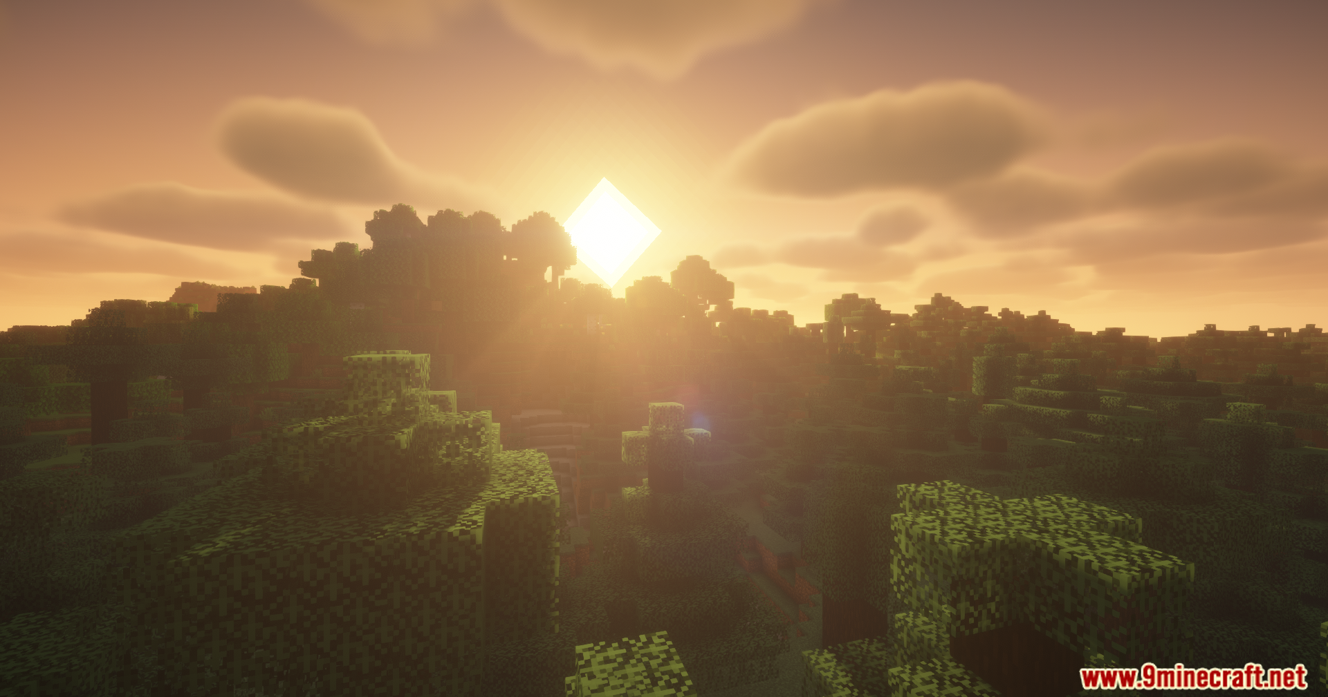 Reliable Remover Mod Screenshot 9 A scenic Minecraft landscape showing a bright sunset over a dense green forest