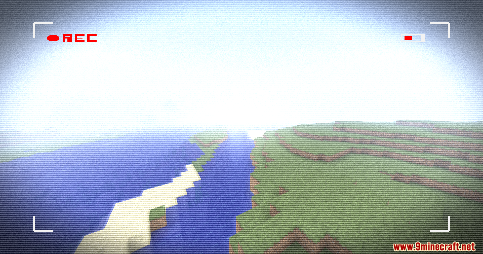 Retro VHS Screen Shaders Screenshot 2 Minecraft coastline captured with a vintage camcorder recording effect