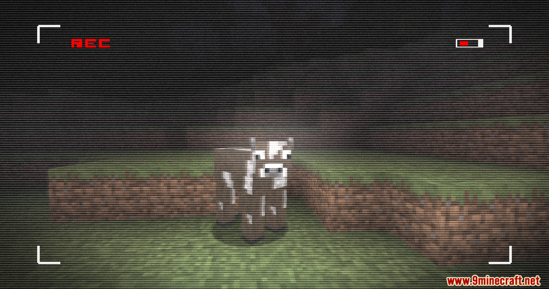 Retro VHS Screen Shaders Screenshot 3 A Minecraft cow standing in the dark with a retro VHS camera filter