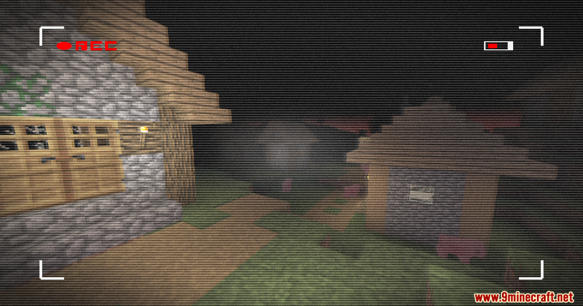 Retro VHS Screen Shaders Screenshot 5 Minecraft village at night viewed through a vintage VHS camcorder filter