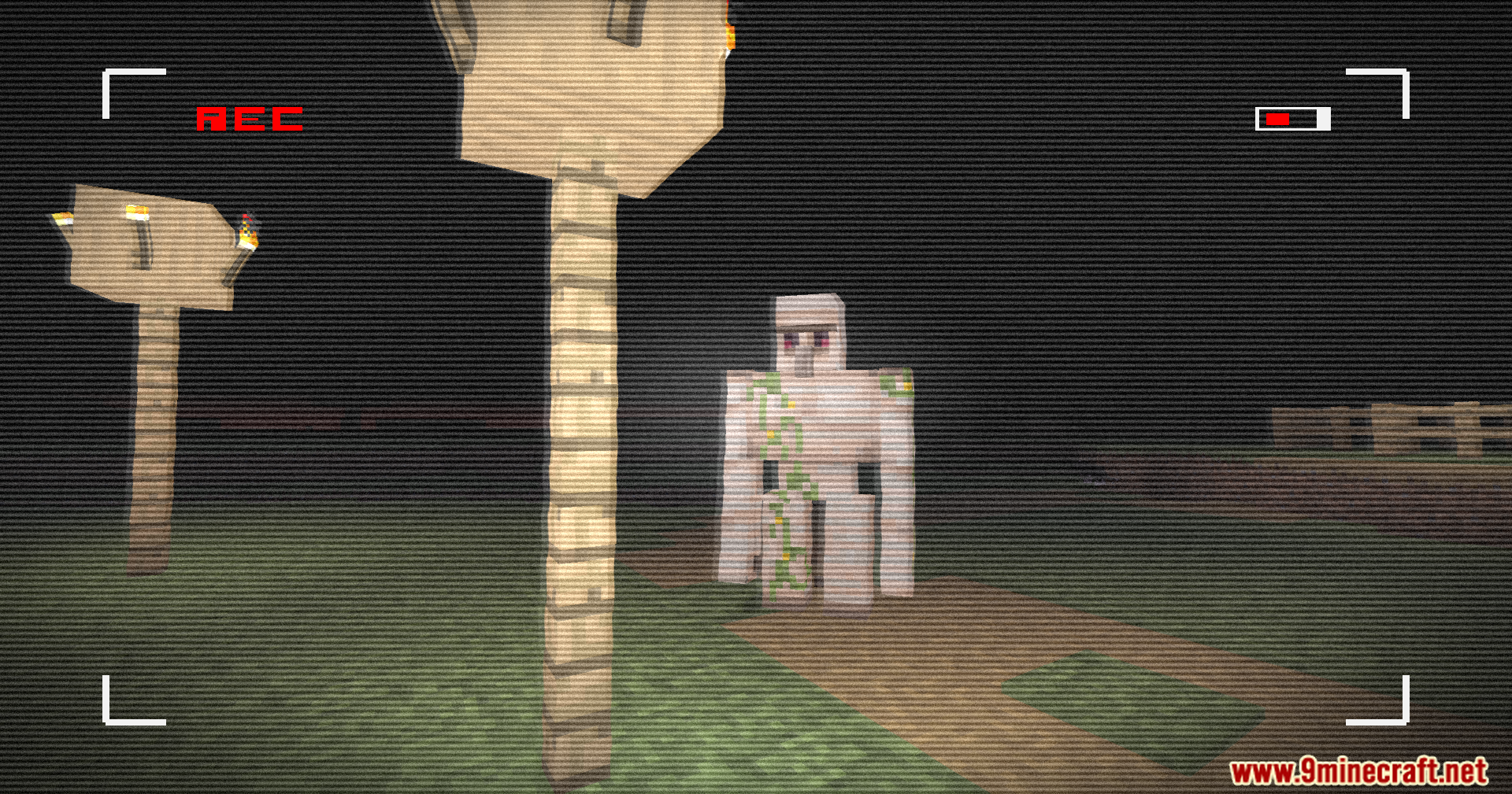 Retro VHS Screen Shaders Screenshot 6 Iron Golem standing in a village with a retro recording screen effect