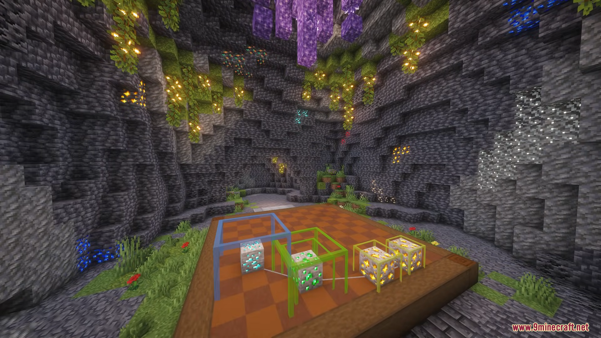 Rhythm Mining Map Screenshot 10 Ore blocks inside colored frames on a checkered platform in an amethyst cave